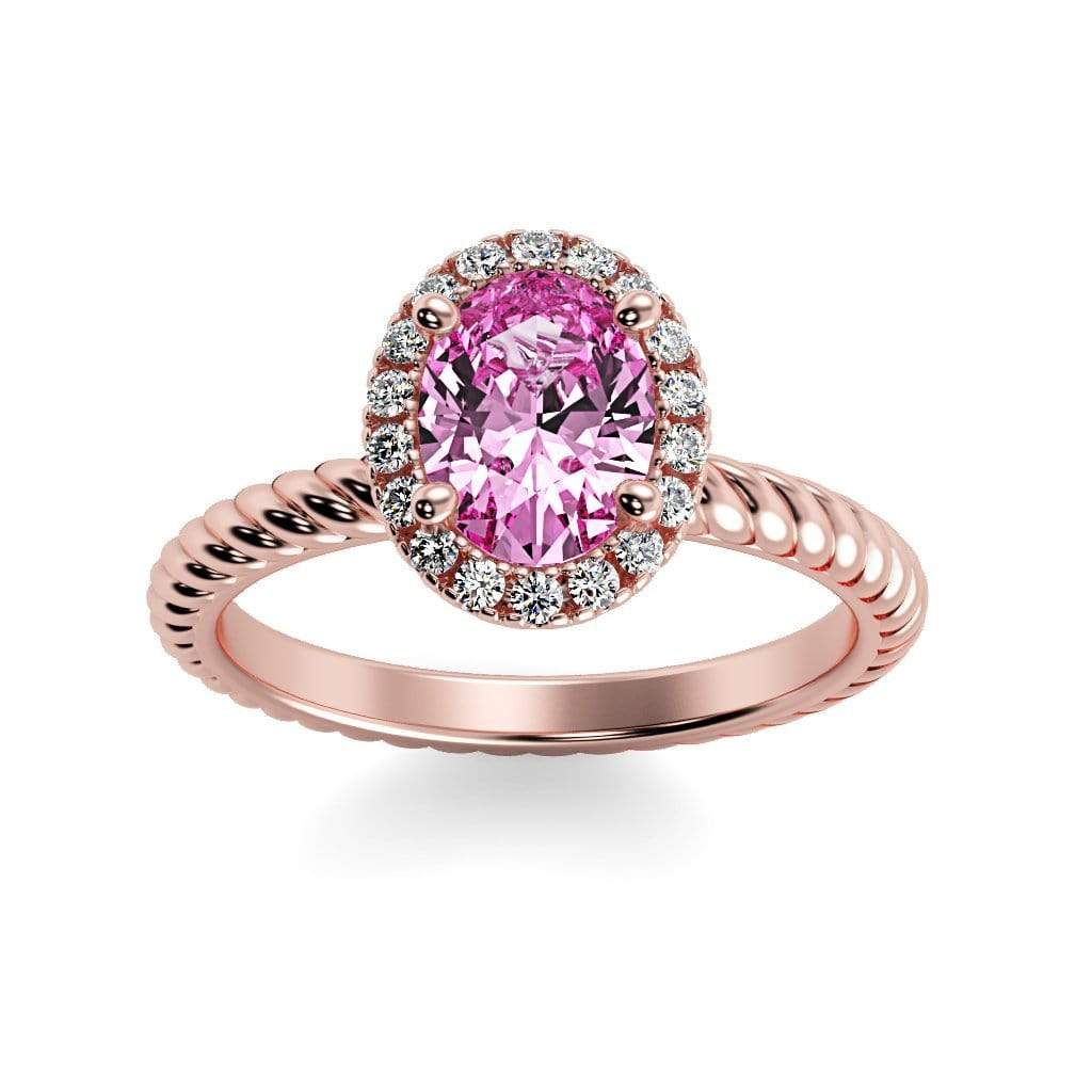 Diana Oval Chatham Pink Sapphire Halo Diamond Ring