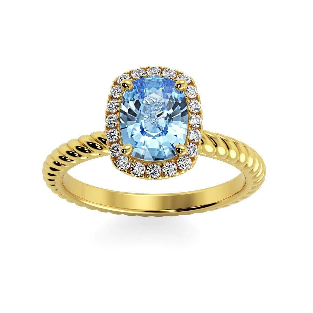 Gabriella Antique Cushion Chatham Aqua Blue Spinel Halo Diamond Ring