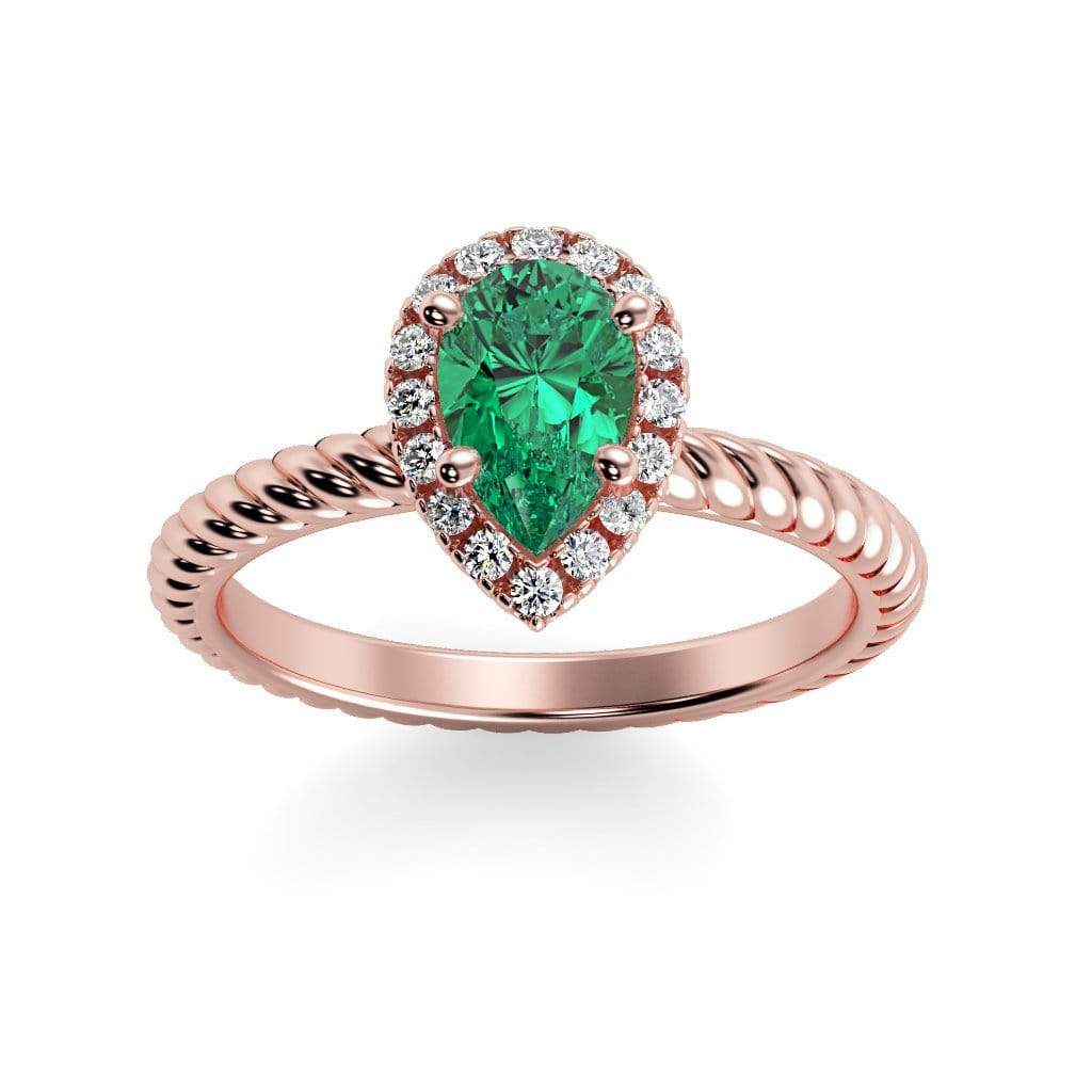 Kayla Pear Shape Chatham Emerald Halo Diamond Ring