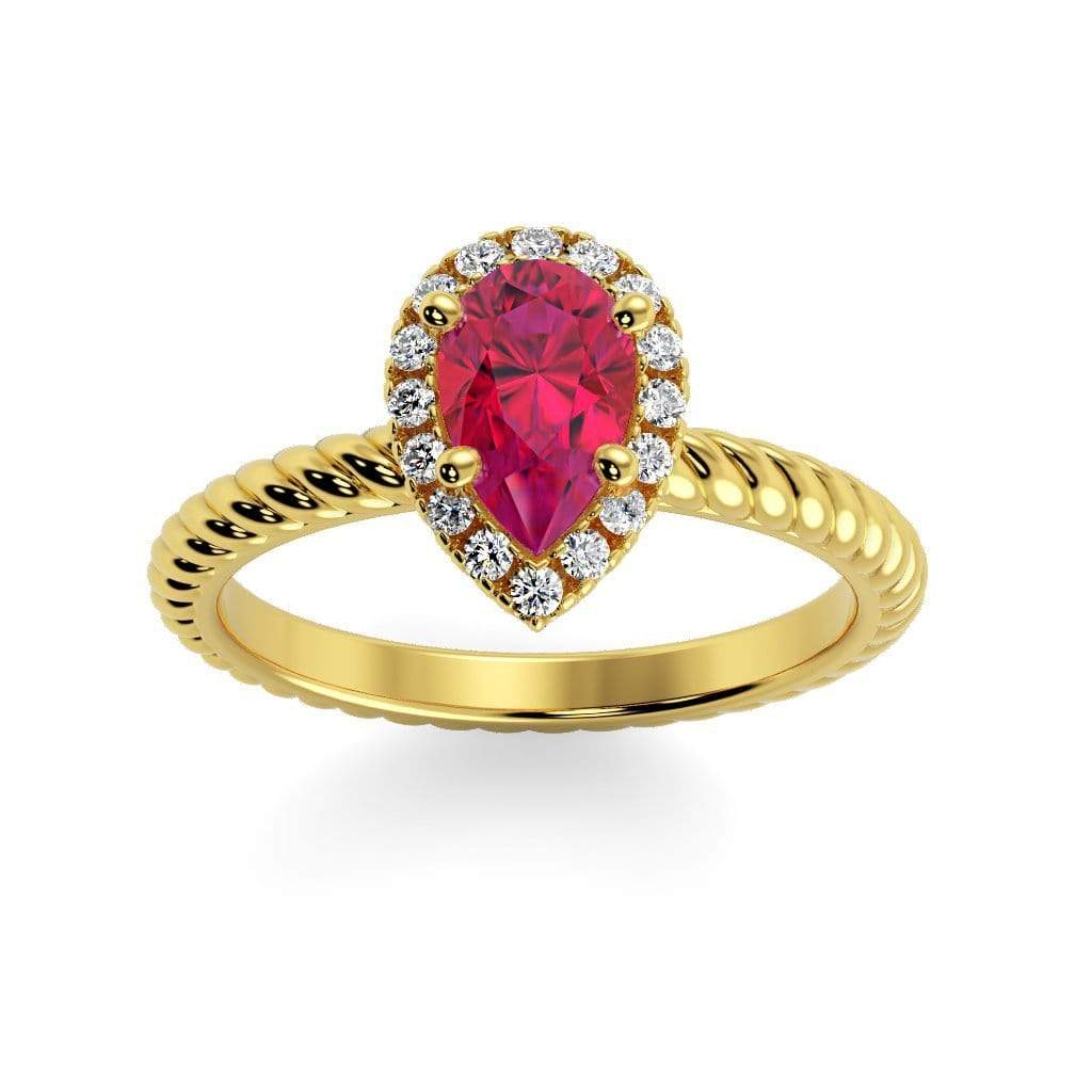 Kayla Pear Shape Chatham Ruby Halo Diamond Ring