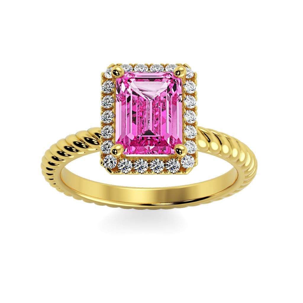 Lily Emerald Chatham Pink Sapphire Halo Diamond Ring