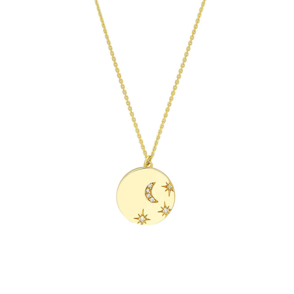 Adjustable 14K Diamond Moon & Stars Medallion Necklace