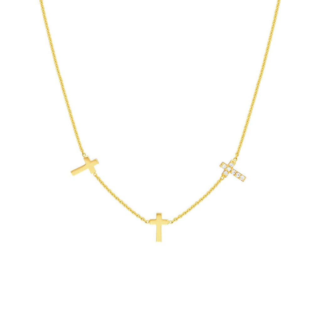 Necklace 14K YELLOW GOLD 14K Triple Cross with Diamond Necklace