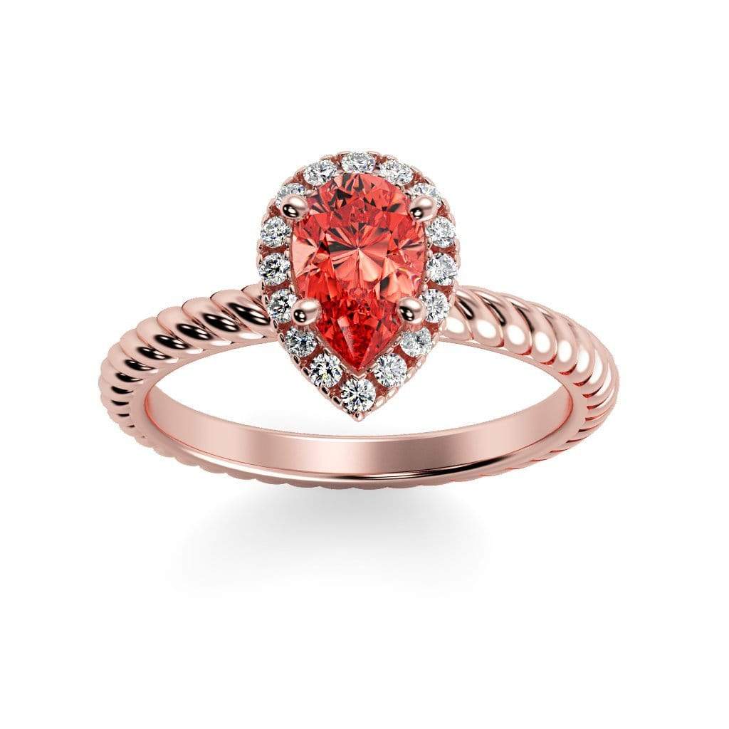 Kayla Pear Shape Chatham Padparadscha Sapphire Halo Diamond Ring Storyandhearts storyandhearts