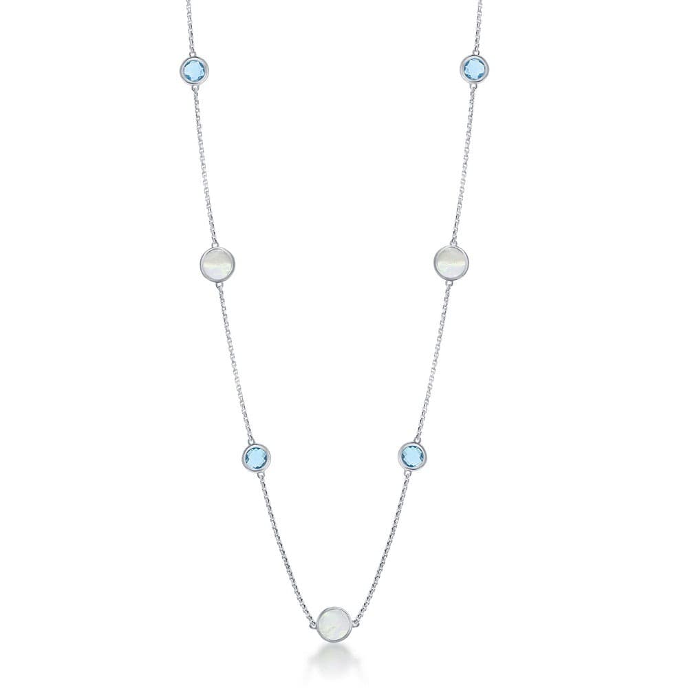 Necklaces Sterling Silver Alternating Round Blue Topaz & MOP Necklace