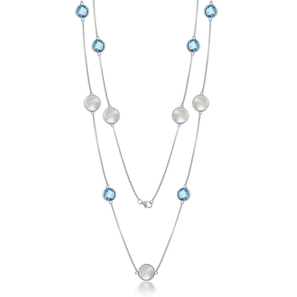 Necklaces Sterling Silver Alternating Round Blue Topaz & MOP Necklace