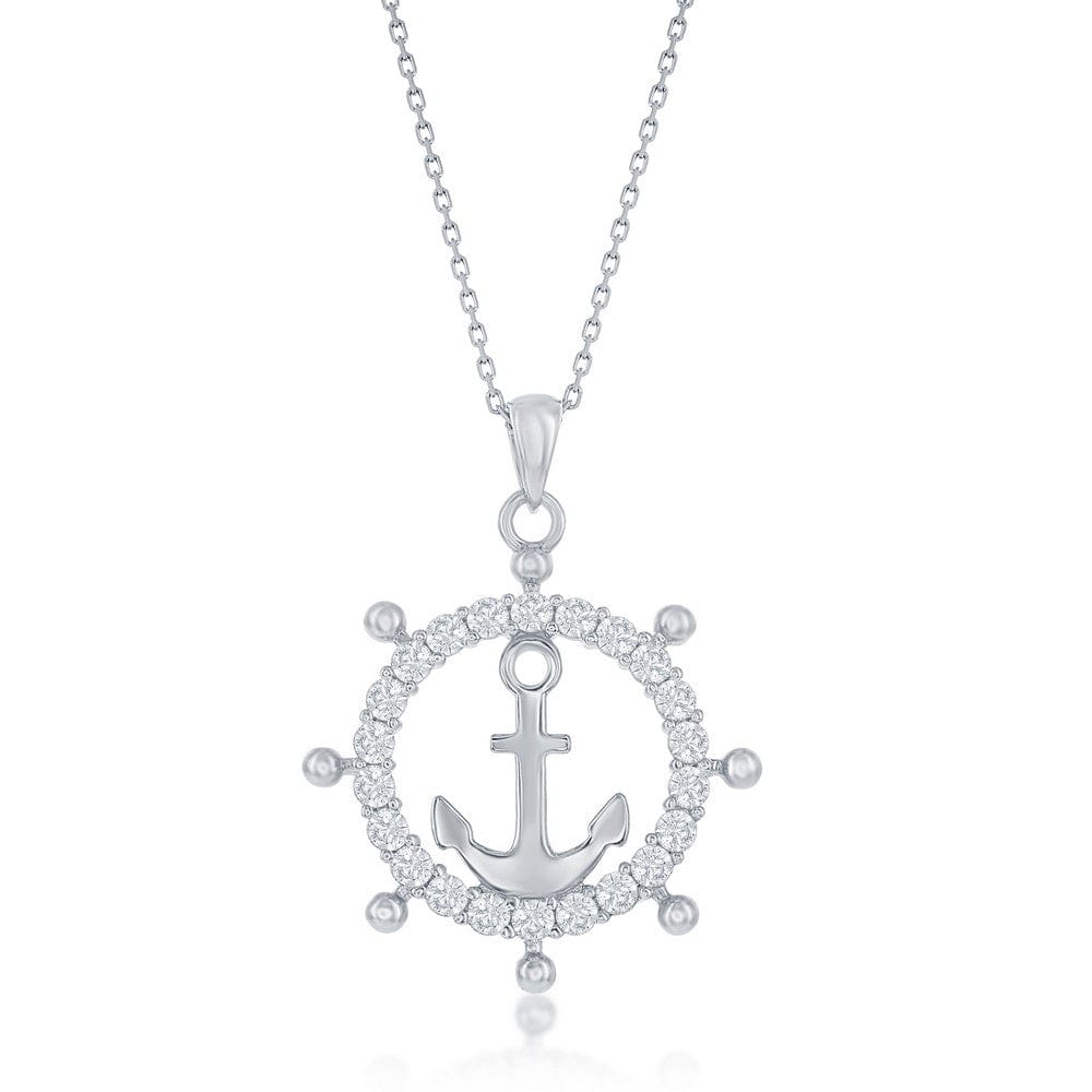 Necklaces Sterling Silver CZ Anchor Ship Wheel Pendant