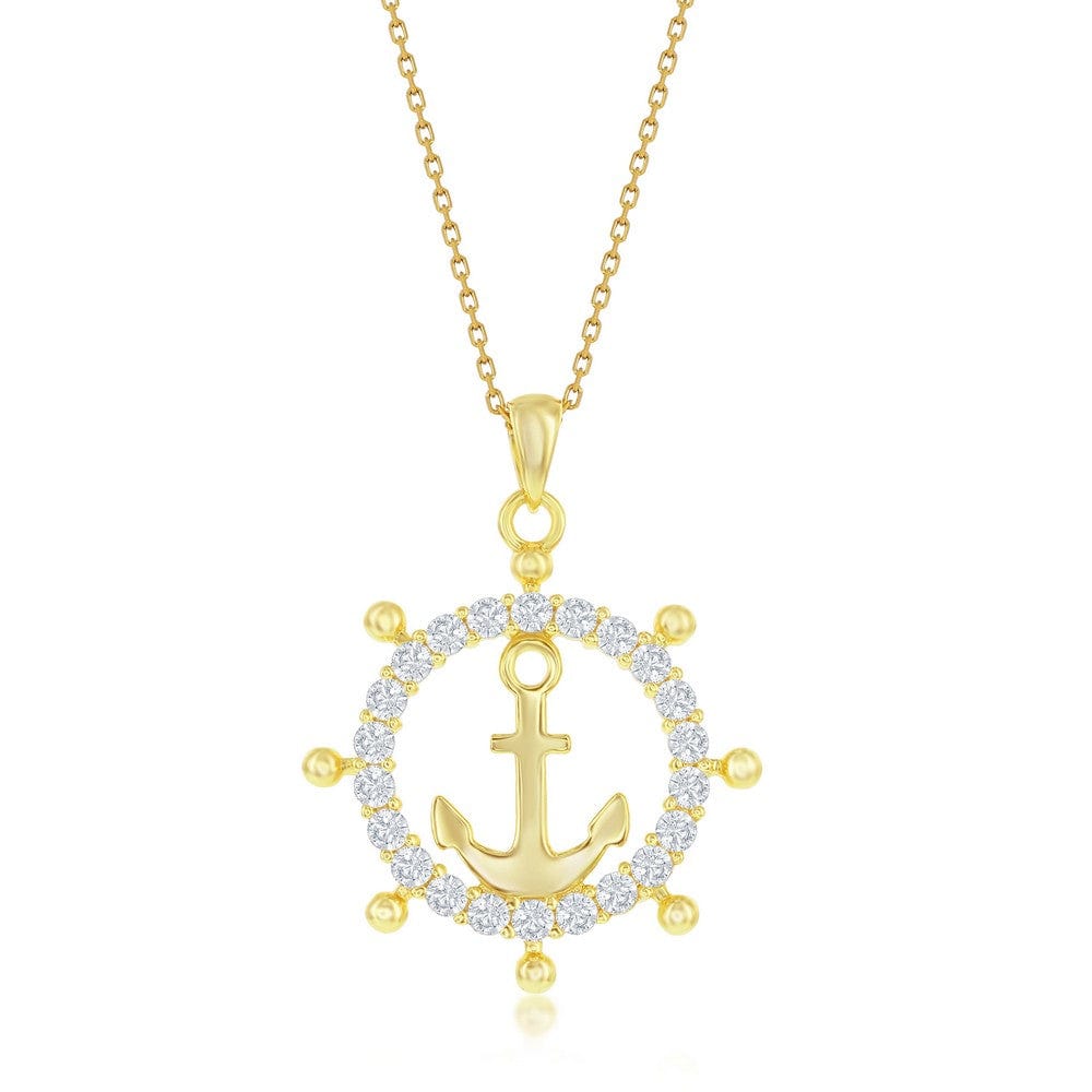 Necklaces Sterling Silver CZ Anchor Ship Wheel Pendant - Gold Plated