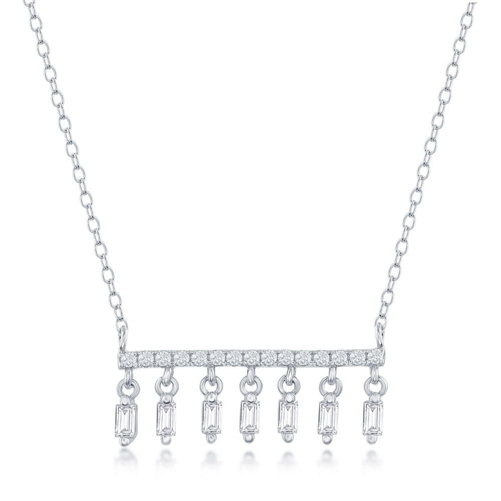 Necklaces Sterling Silver CZ Bar with Baguette CZ Dangling Charms Necklace