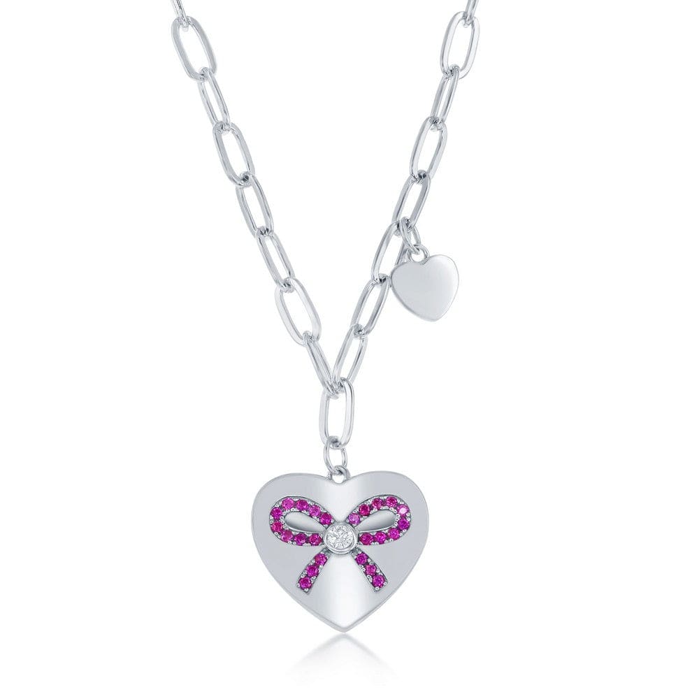 Necklaces Sterling Silver Heart with Ruby CZ Ribbon Paperclip Necklace