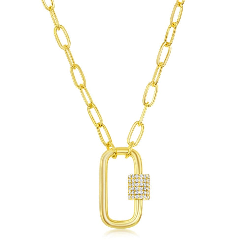 Necklaces Sterling Silver Micro Pave CZ Oval Linked Paperclip Necklace - Gold Plated