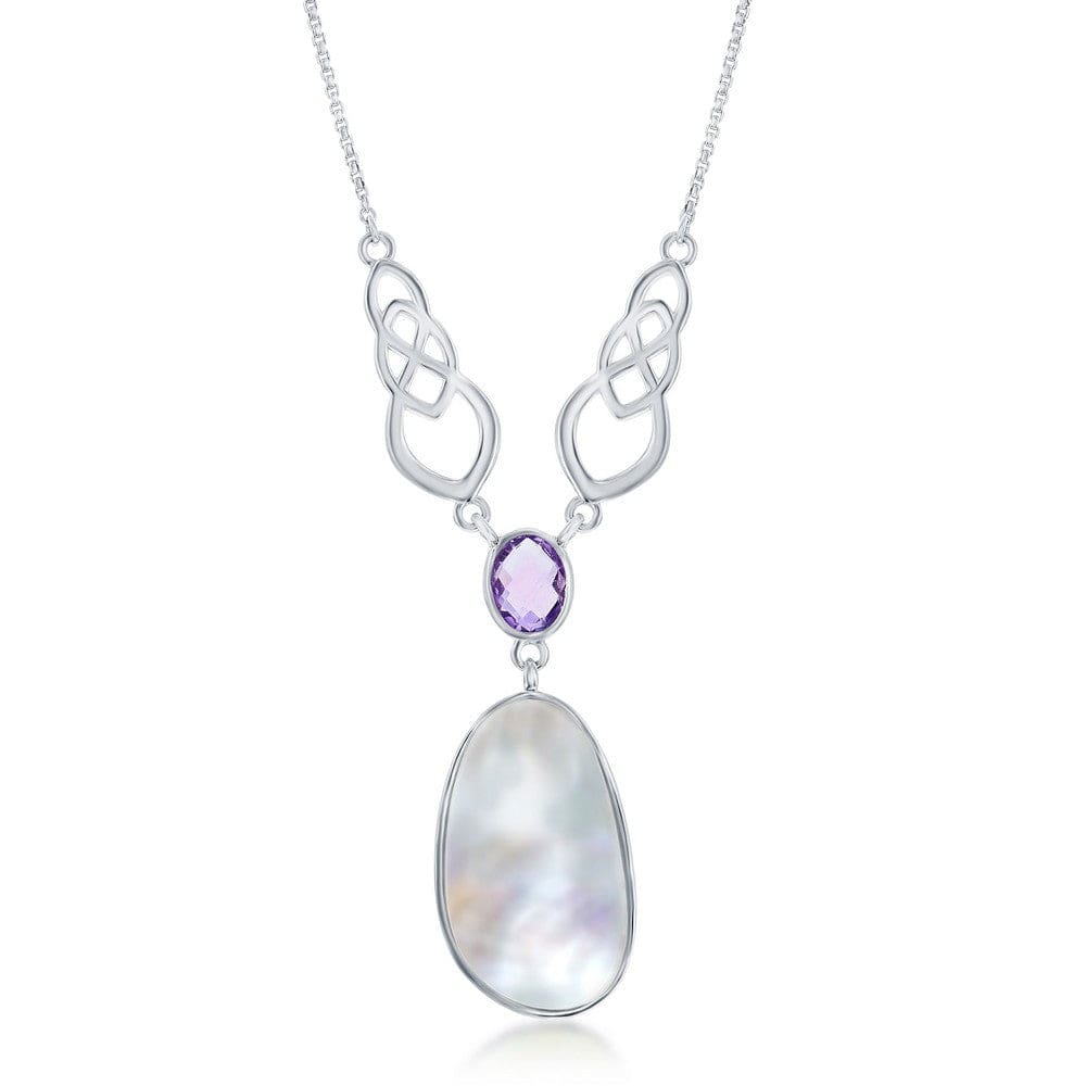 Necklaces Sterling Silver Mother of Pearl with Oval Amethyst Designed Y Necklace