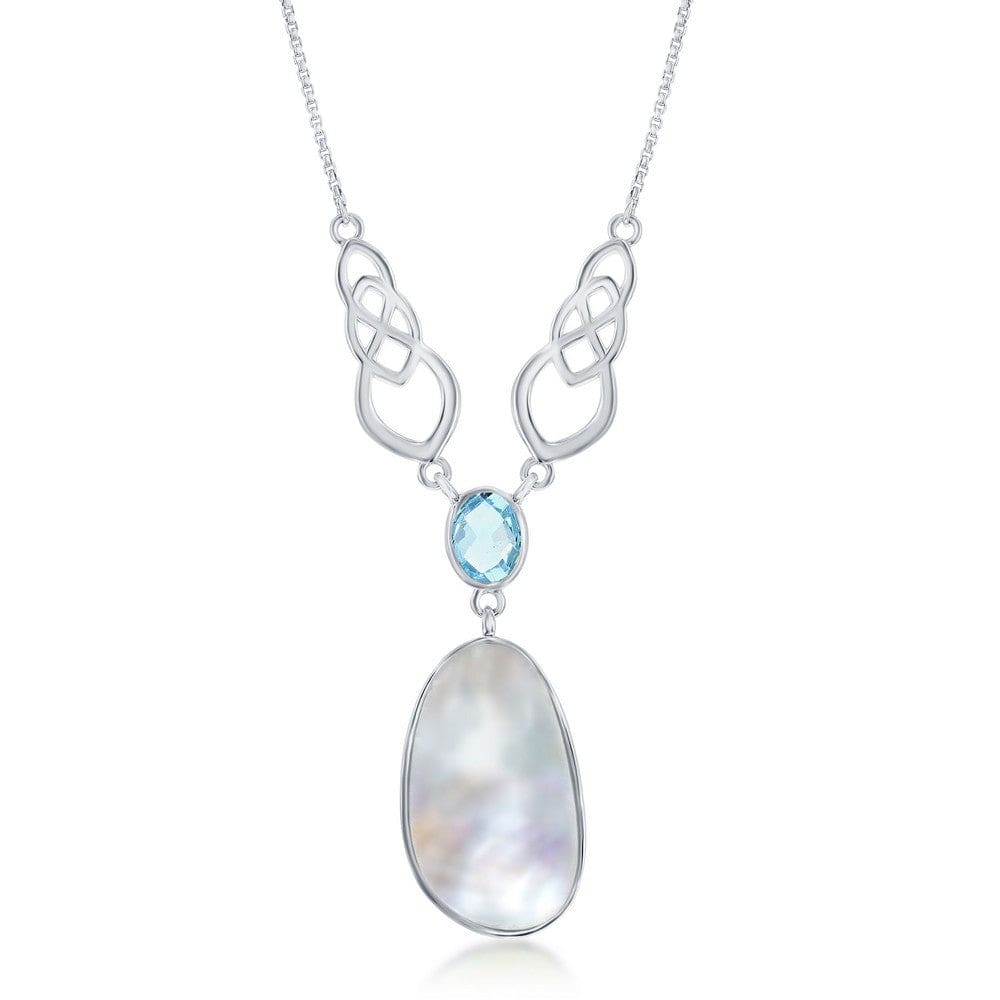 Necklaces Sterling Silver Mother of Pearl with Oval Blue Topaz Designed Y Necklace