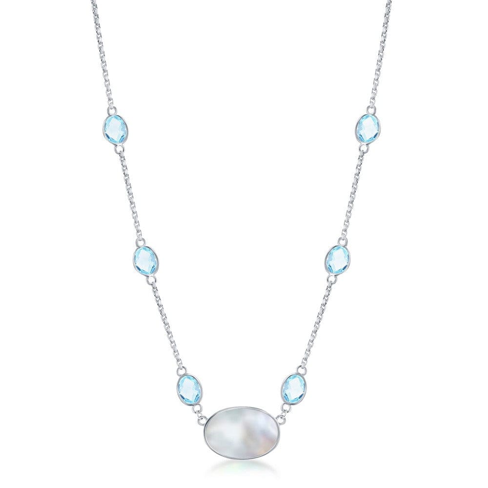 Necklaces Sterling Silver oval Mother of Pearl & Round Blue Topaz by the Yard Necklace