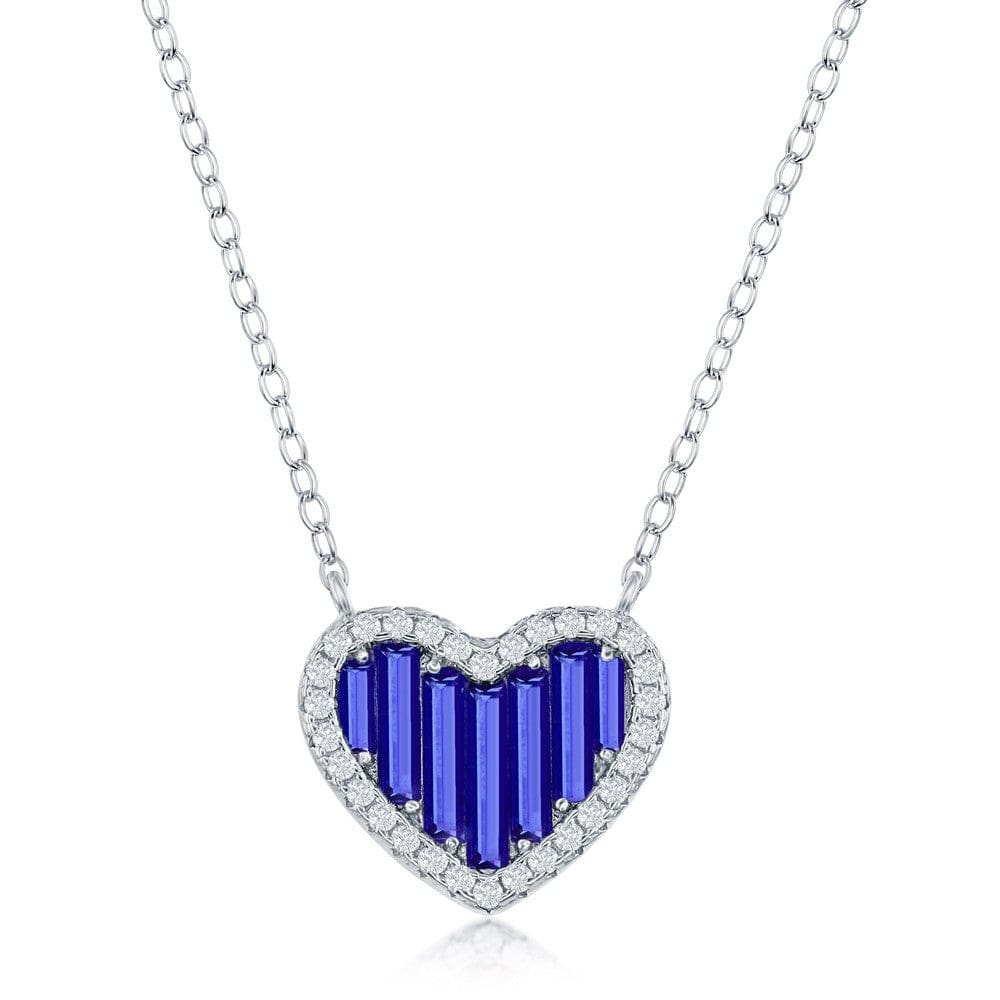 Necklaces Sterling Silver Round and Baguette CZ Heart Necklace - Blue Spinel CZ