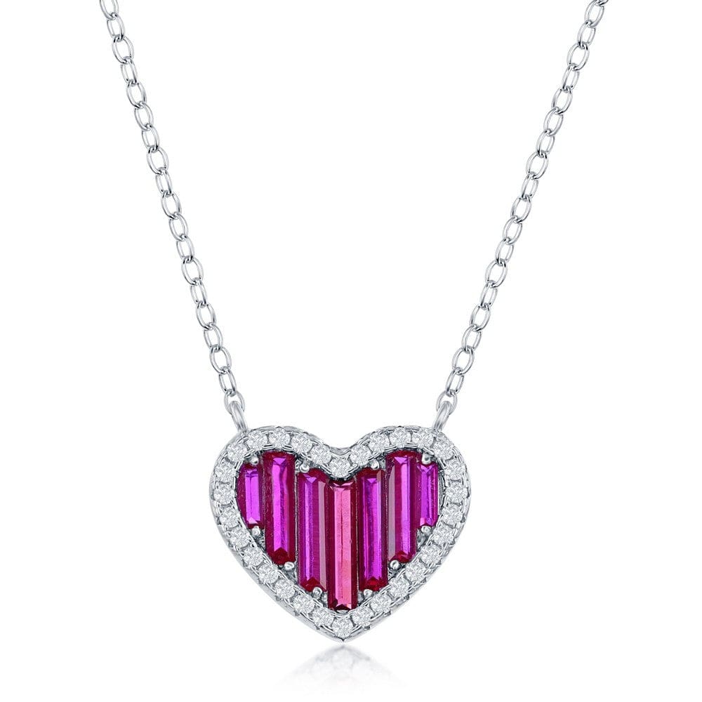 Necklaces Sterling Silver Round and Baguette CZ Heart Necklace - Ruby CZ
