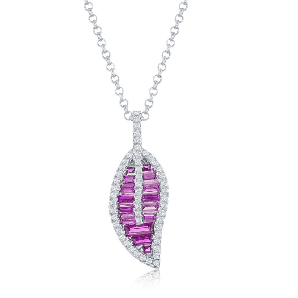 Necklaces Sterling Silver Round & Baguette CZ Leaf Pendant - Light Ruby CZ