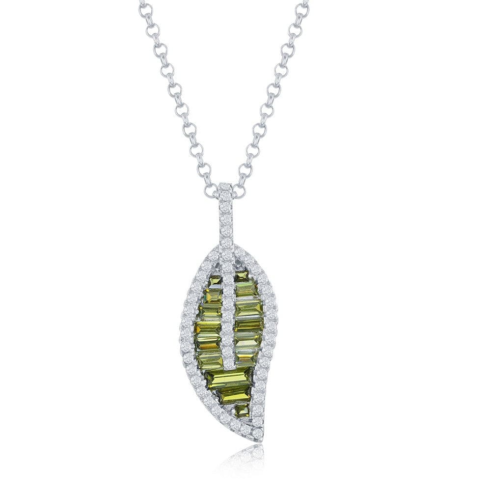 Necklaces Sterling Silver Round & Baguette CZ Leaf Pendant - Peridot CZ