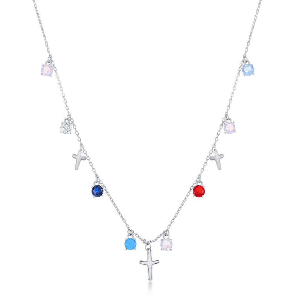 Necklaces Sterling Silver Round Multi-Color CZ & Crosses Necklace