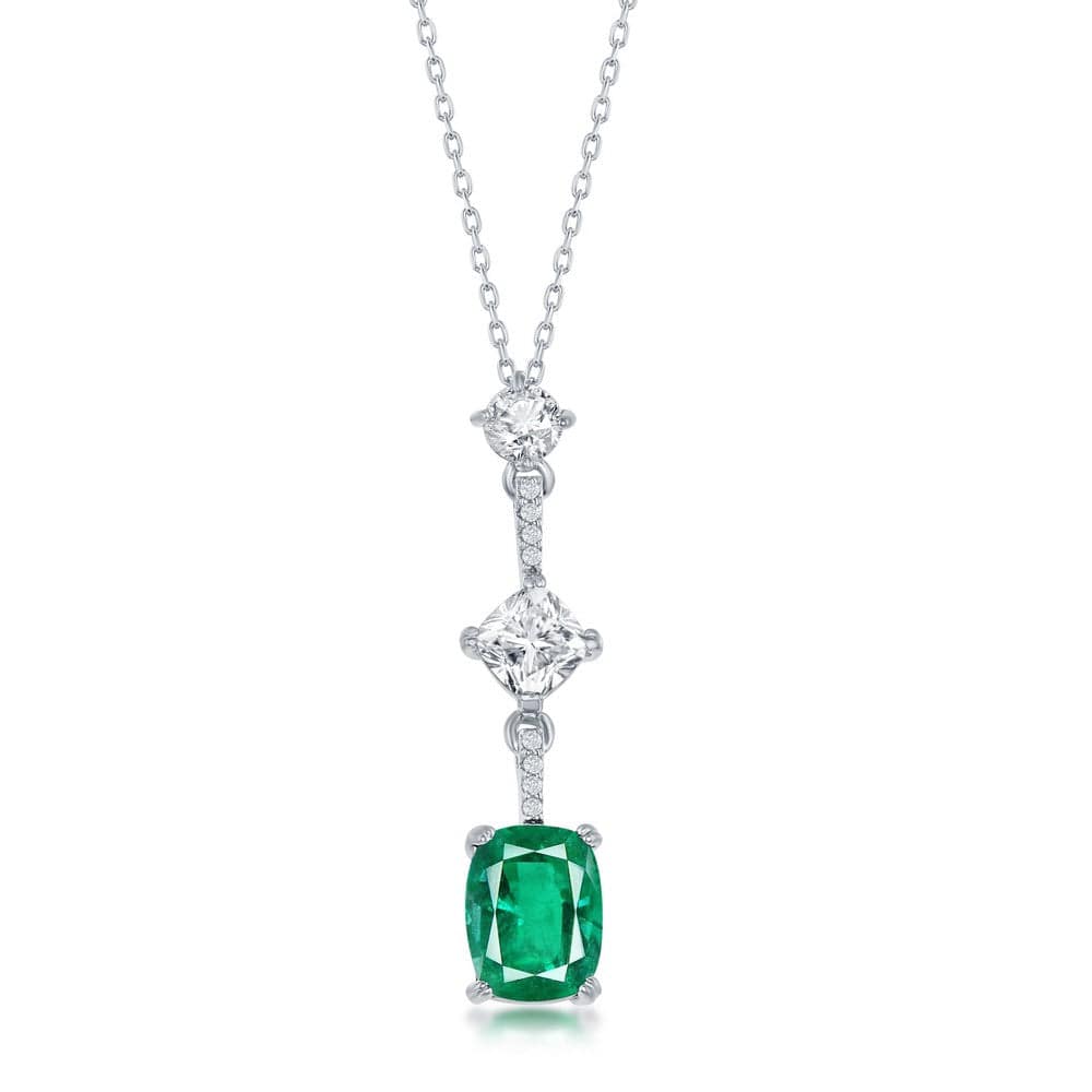 Necklaces Sterling Silver White & Cushion-Cut CZ Necklace - Emerald