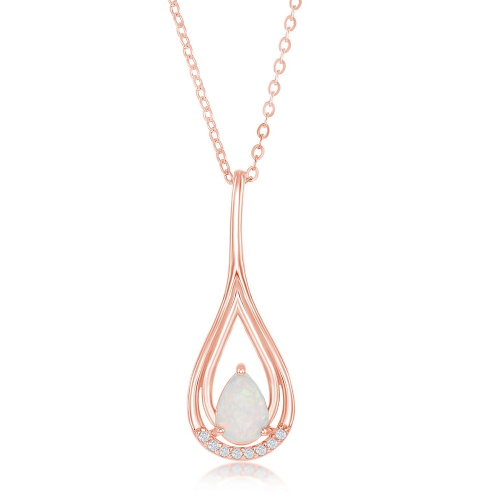 Necklaces Sterling Silver White Opal Pearshaped With CZ Pendant - Rose Gold Plated