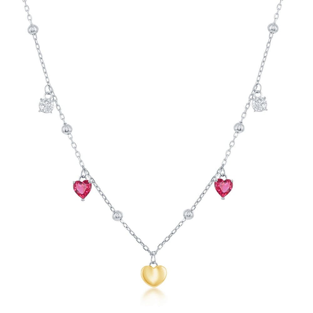 Necklaces Sterling Silver White & Ruby CZ Heart Beaded Necklace - Gold Plated